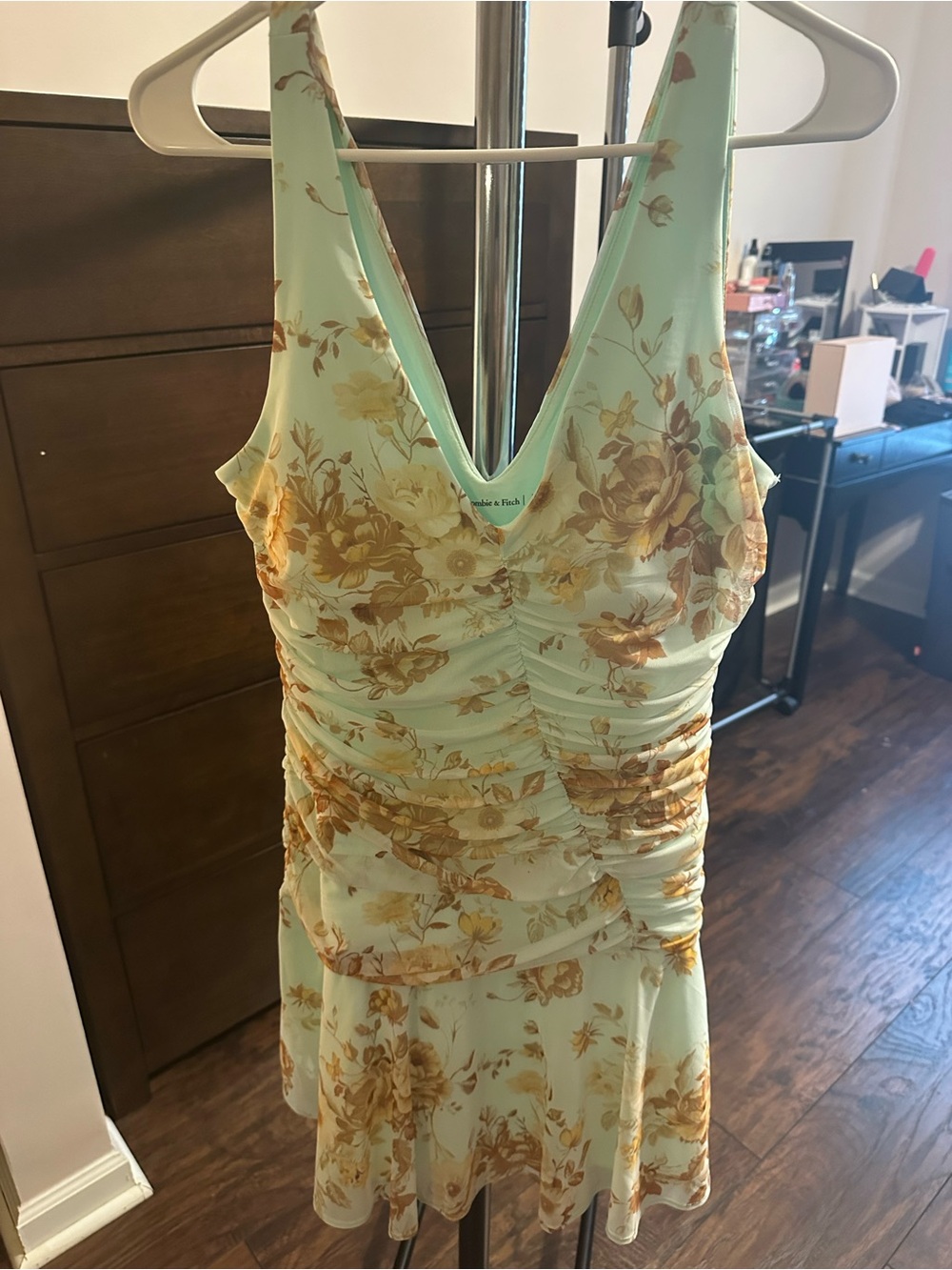 Abercrombie & Fitch Mint Floral Ruched V-Neck Mini Dress